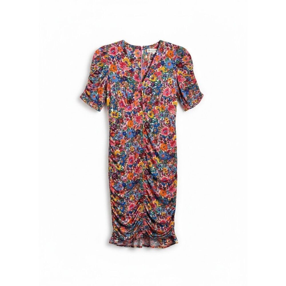Hale Bob Shirred Floral Dress Size Small Ruched Multicolor Summery